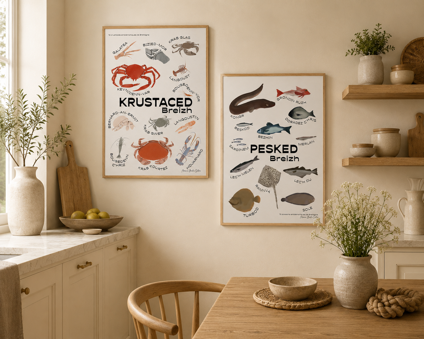 Lot de 2 affiches — crustacés et poissons de Bretagne